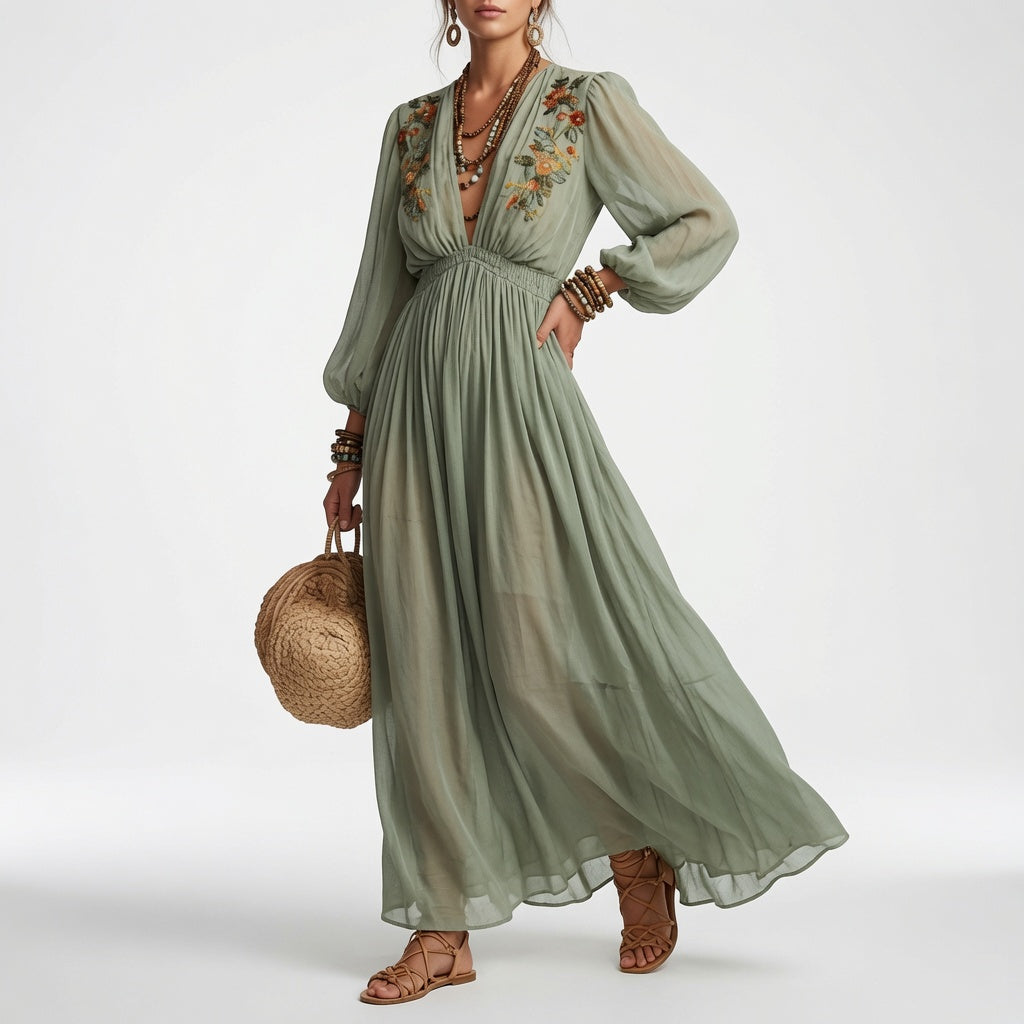 Élodine™ | Robe Maxi Bohémienne avec Imprimé Floral