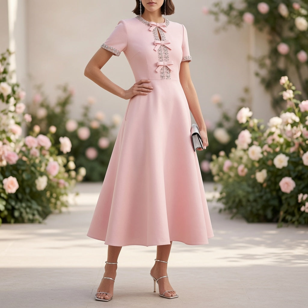 Robe midi en satin avec nœud et embellissements en cristal