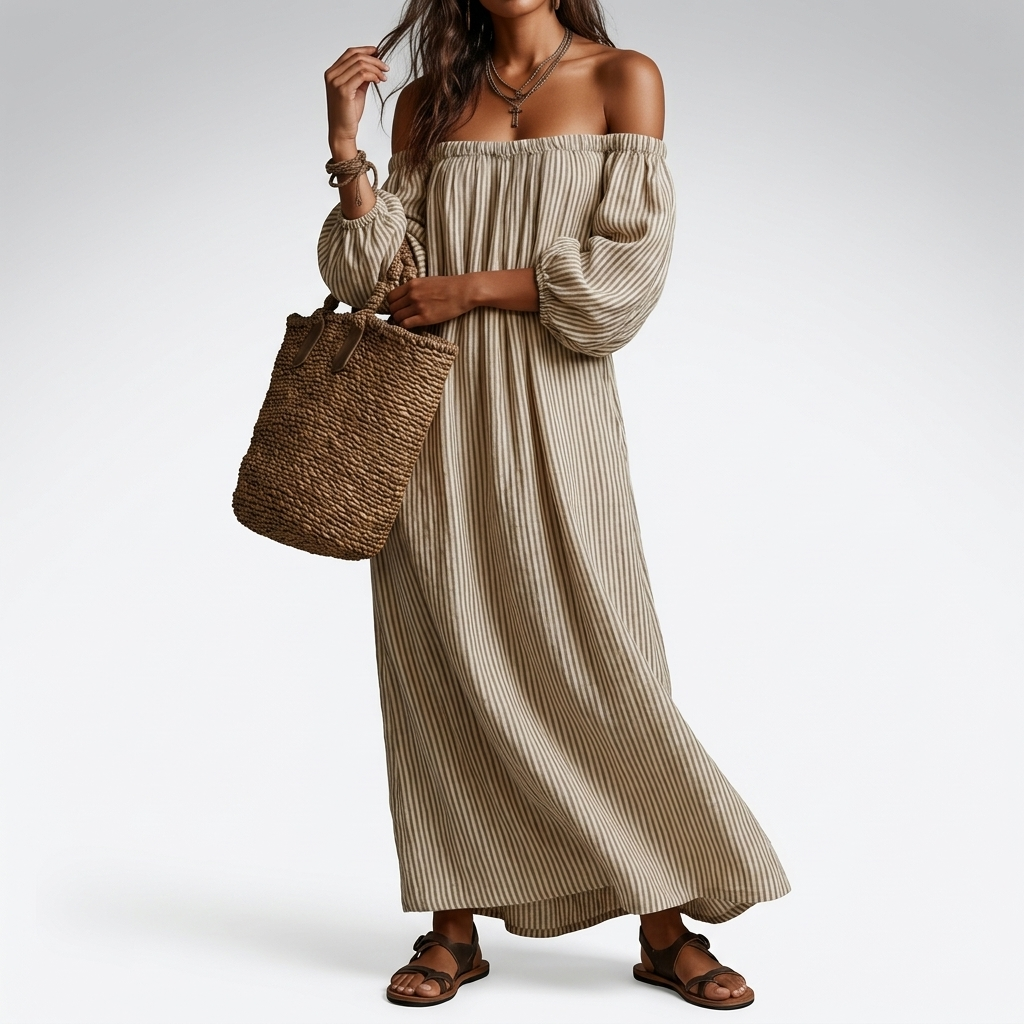 Carmen | Robe longue en coton et lin avec design off-the-shoulder