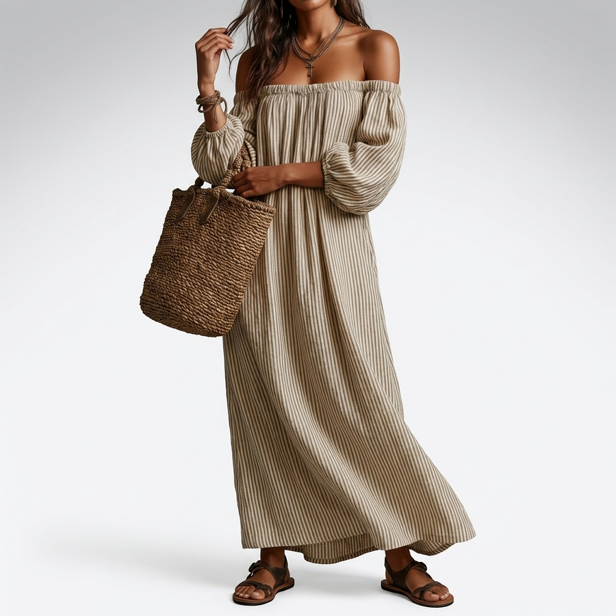 Carmen | Robe longue en coton et lin avec design off-the-shoulder