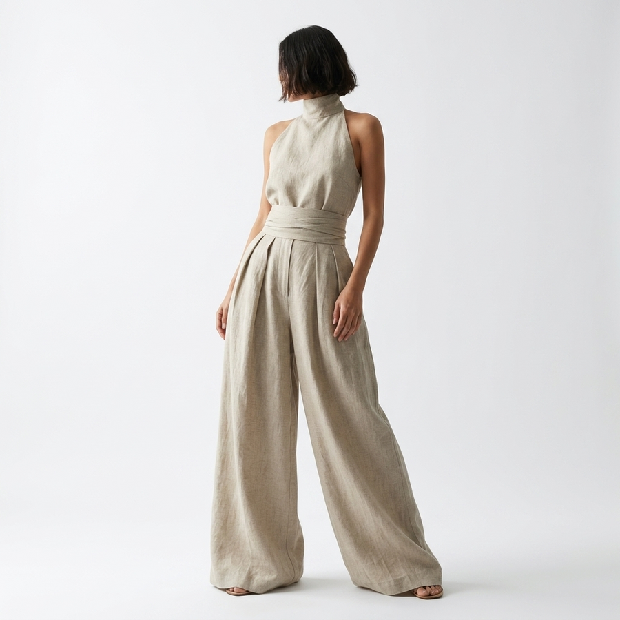 Maria™ | Ensemble complet avec top à col montant et pantalons larges en coton et lin