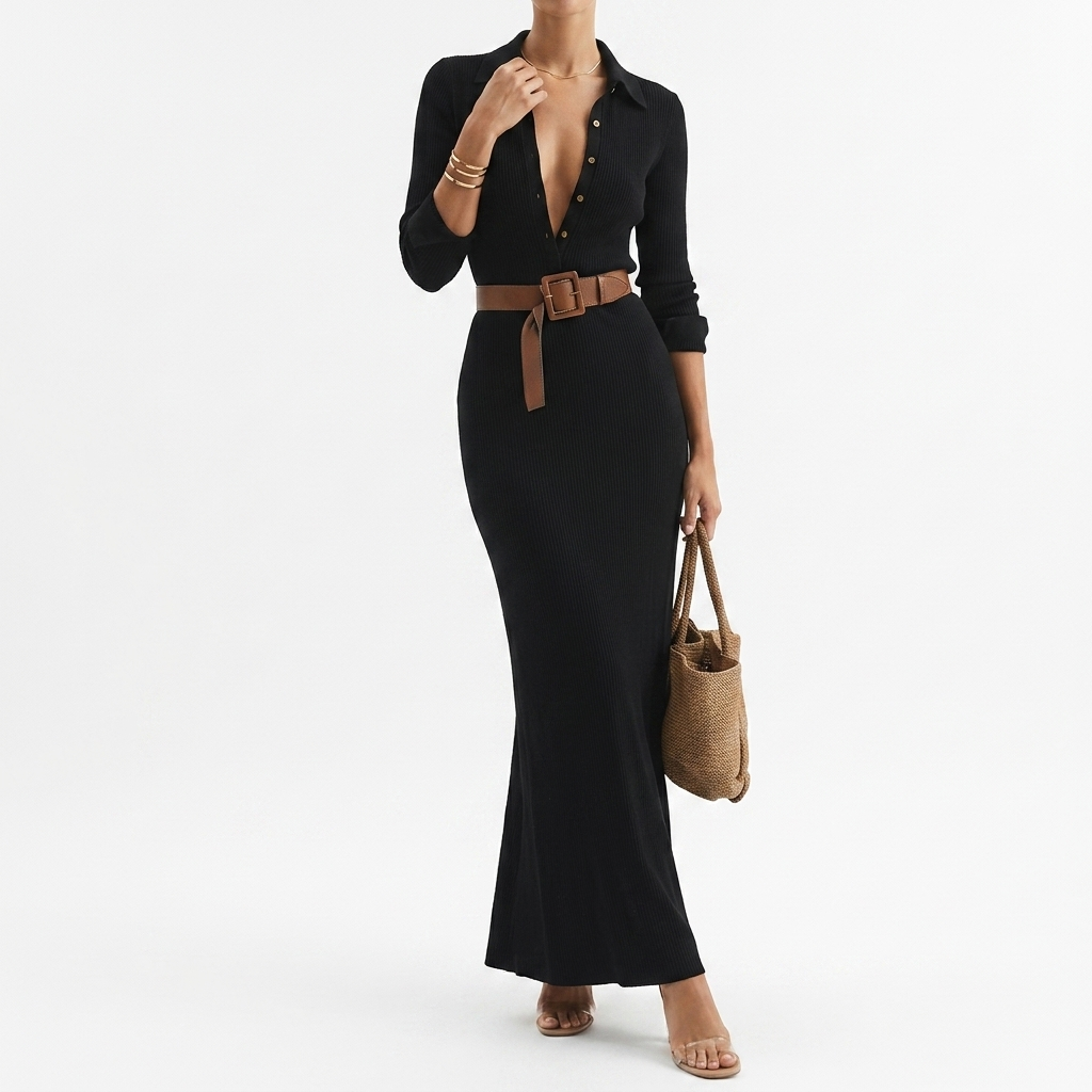 Camille™ | Robe Maxi avec Revers et Ceinture à la Taille