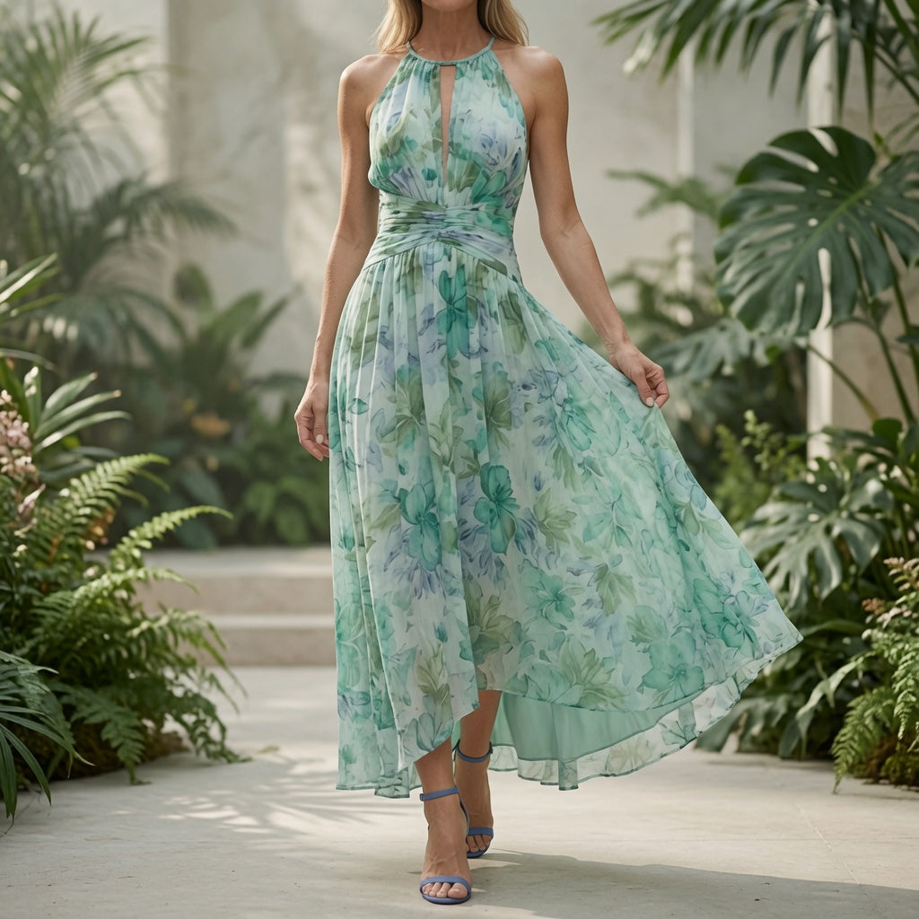 Robe Midi Portia en Crêpe Plissé avec Col Halter et Imprimé Floral