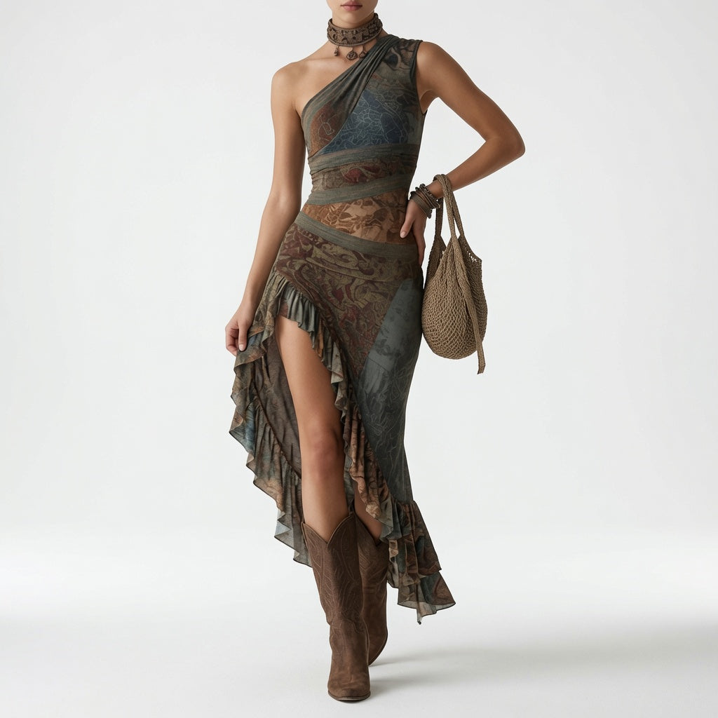 Marianna™ | Robe longue asymétrique avec imprimé ethnique et fente latérale