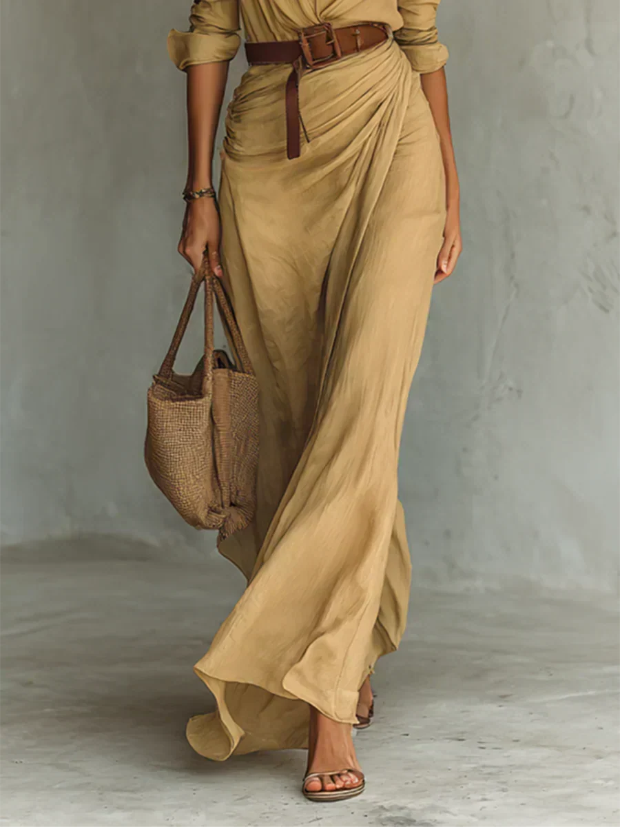 Camille™ | Robe Maxi avec Revers et Ceinture à la Taille