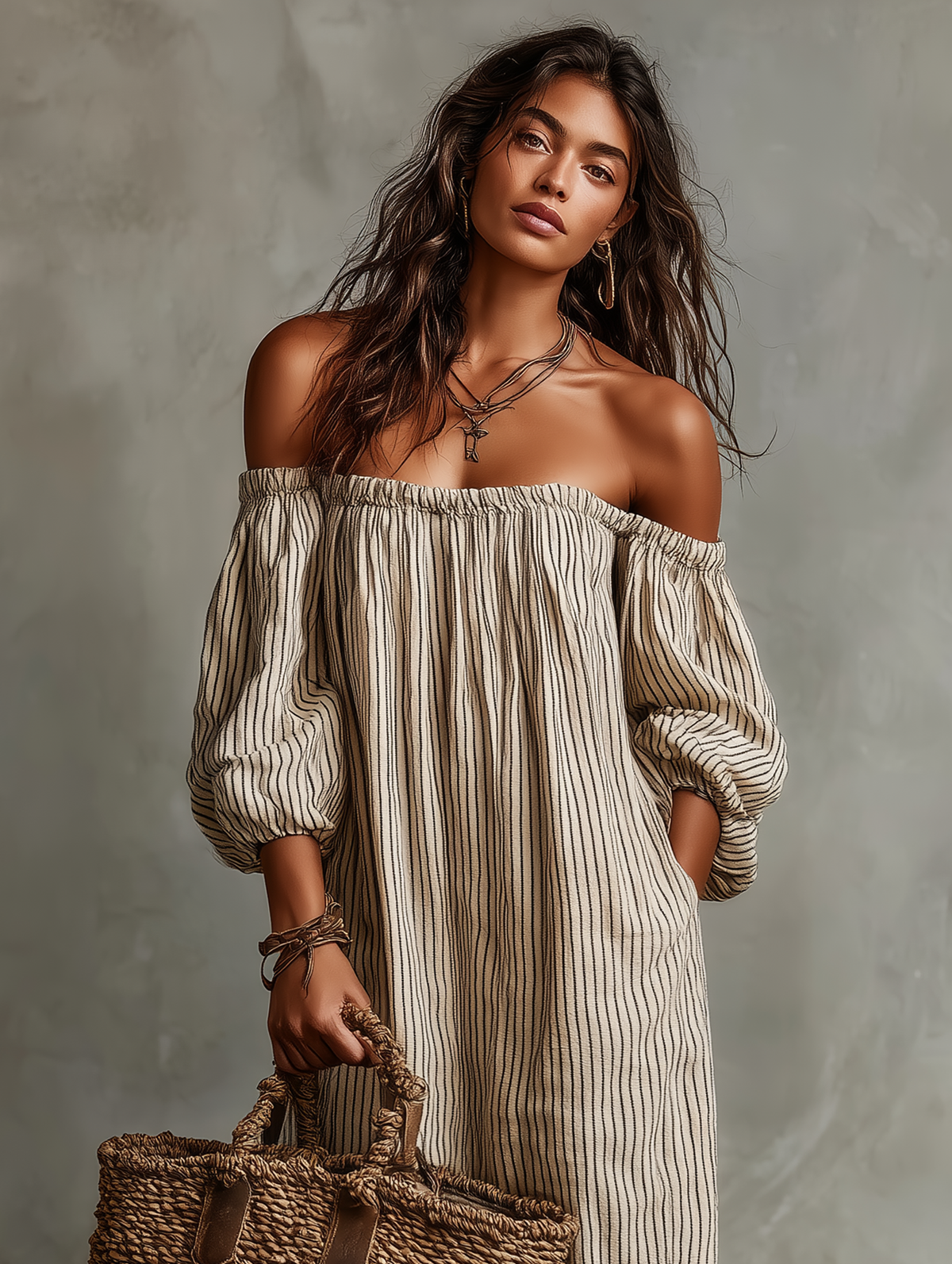 Carmen | Robe longue en coton et lin avec design off-the-shoulder