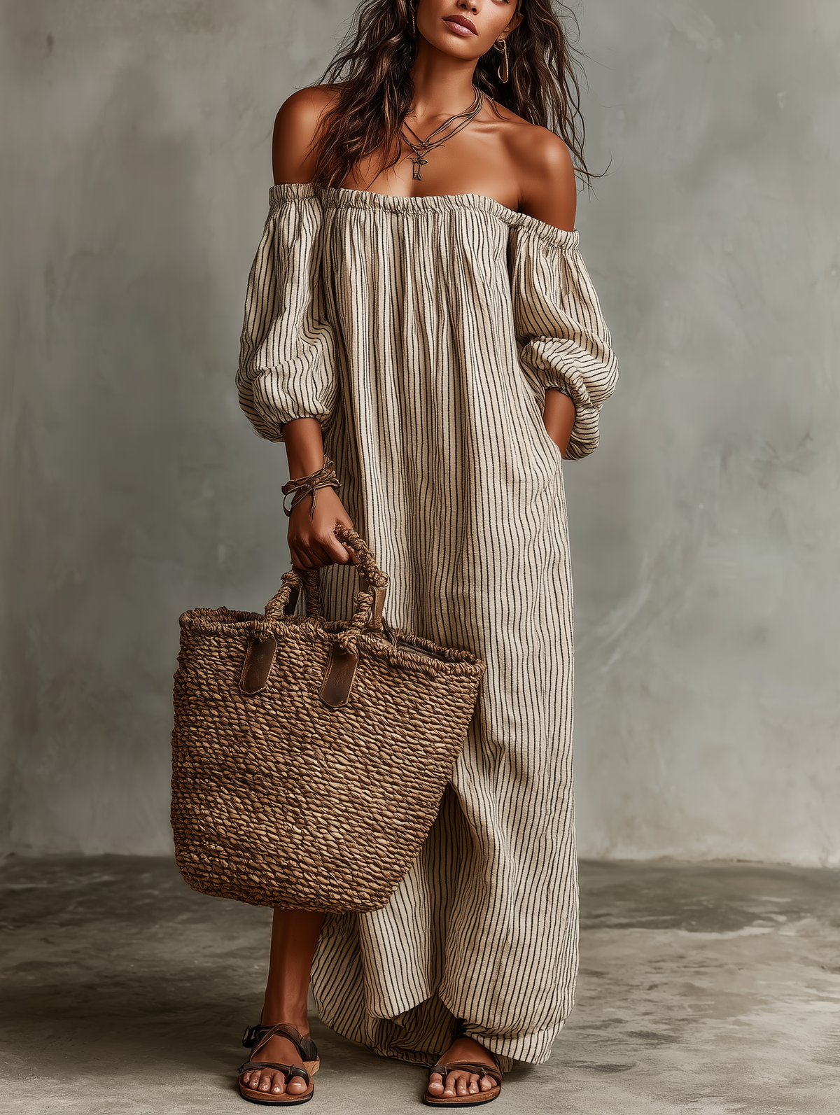 Carmen | Robe longue en coton et lin avec design off-the-shoulder
