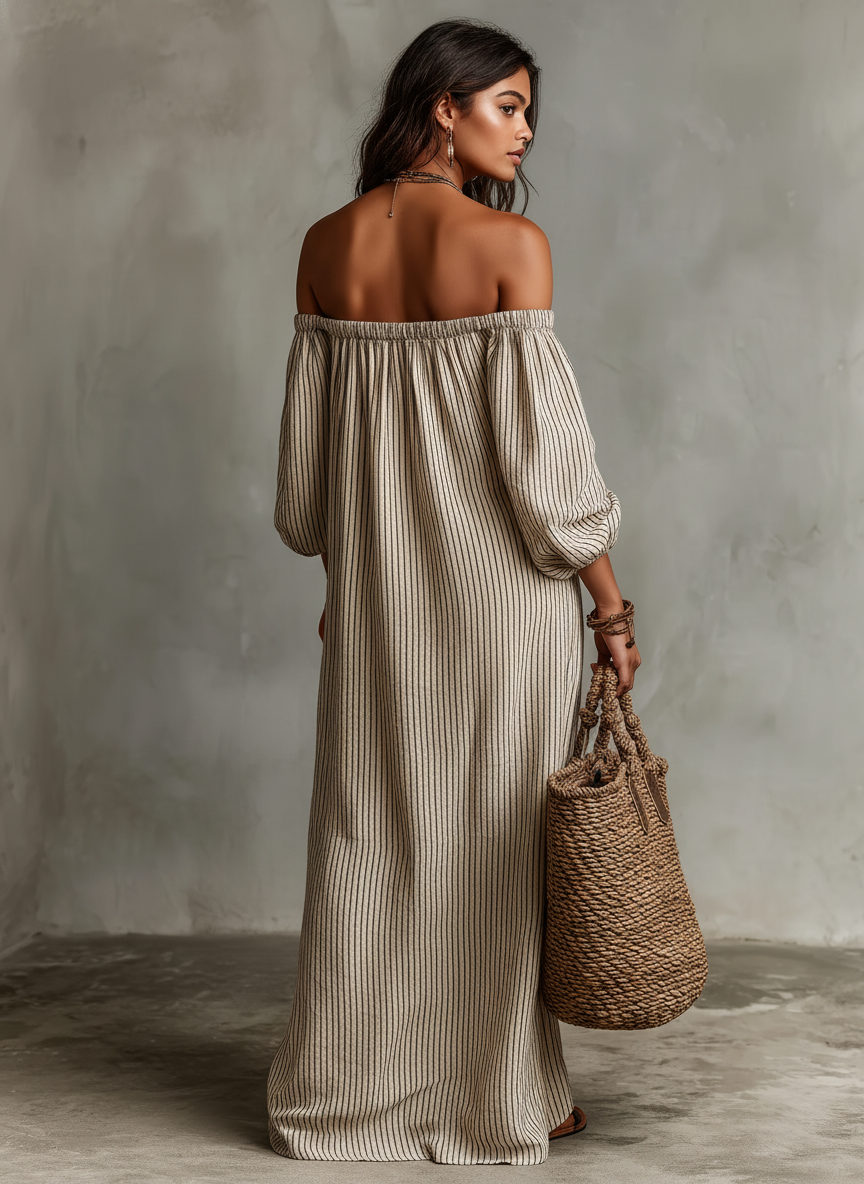 Carmen | Robe longue en coton et lin avec design off-the-shoulder