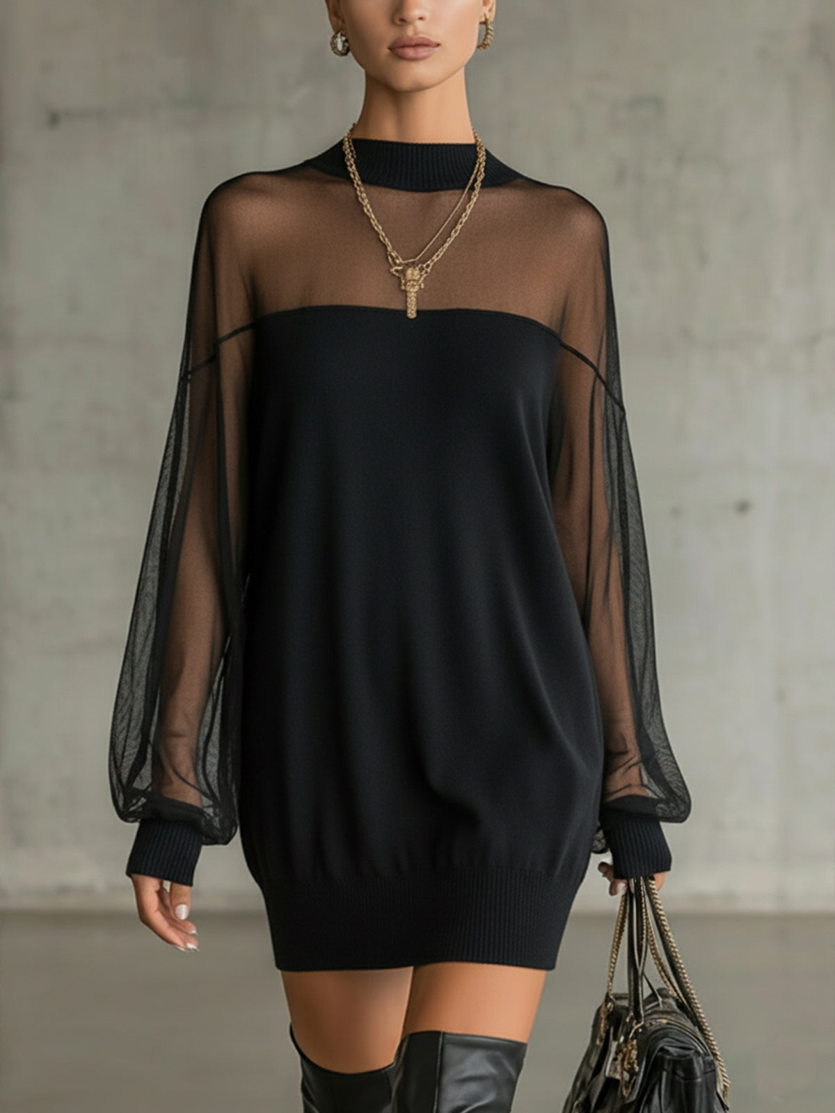 Amélie™ | Élégante Mini Robe Noire avec Manches en Résille