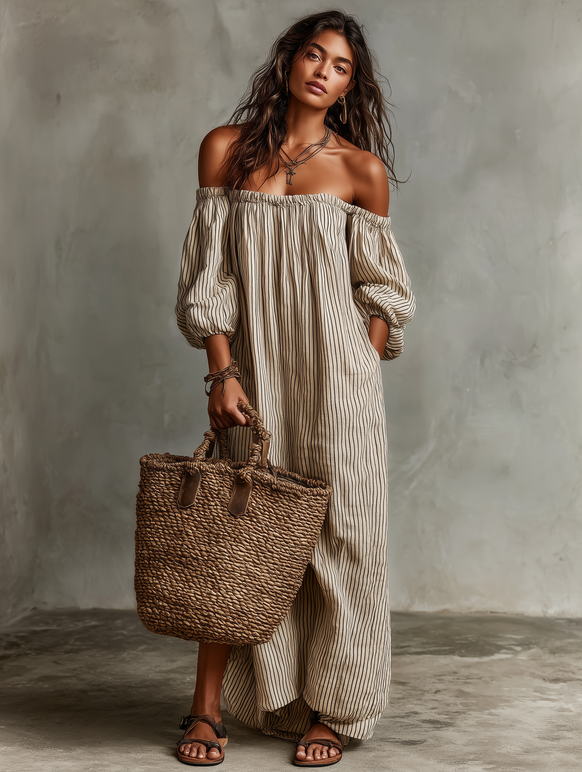Carmen | Robe longue en coton et lin avec design off-the-shoulder